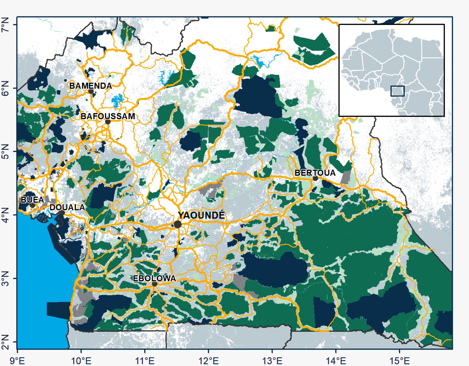 Carte du paysage forestier du Cameroun — zones protégées et concessions forestières
